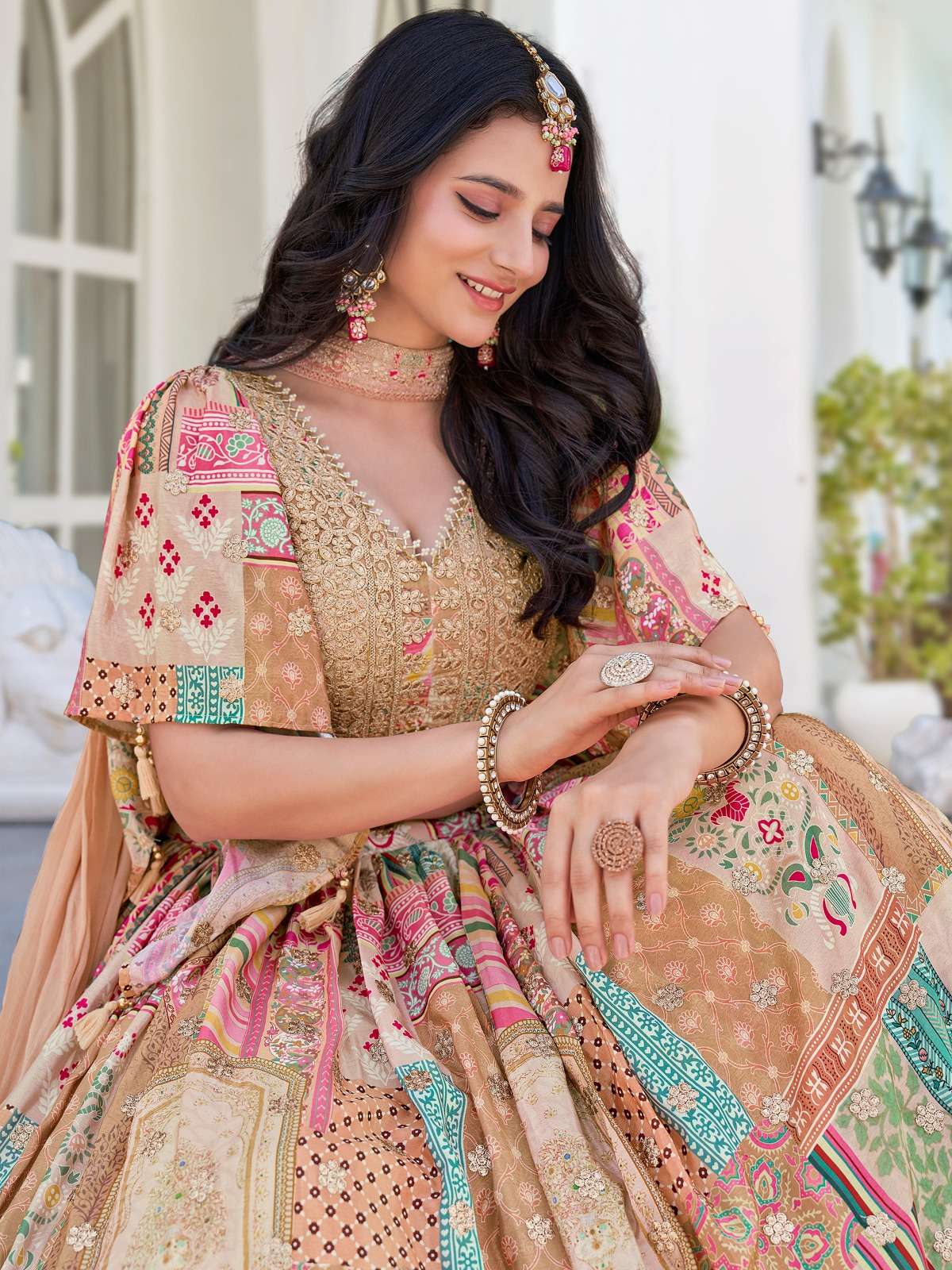  Beige Multicolor Chinnon silk Heritage and flower Print on Lehenga Choli reseller in surat 7050 Beige